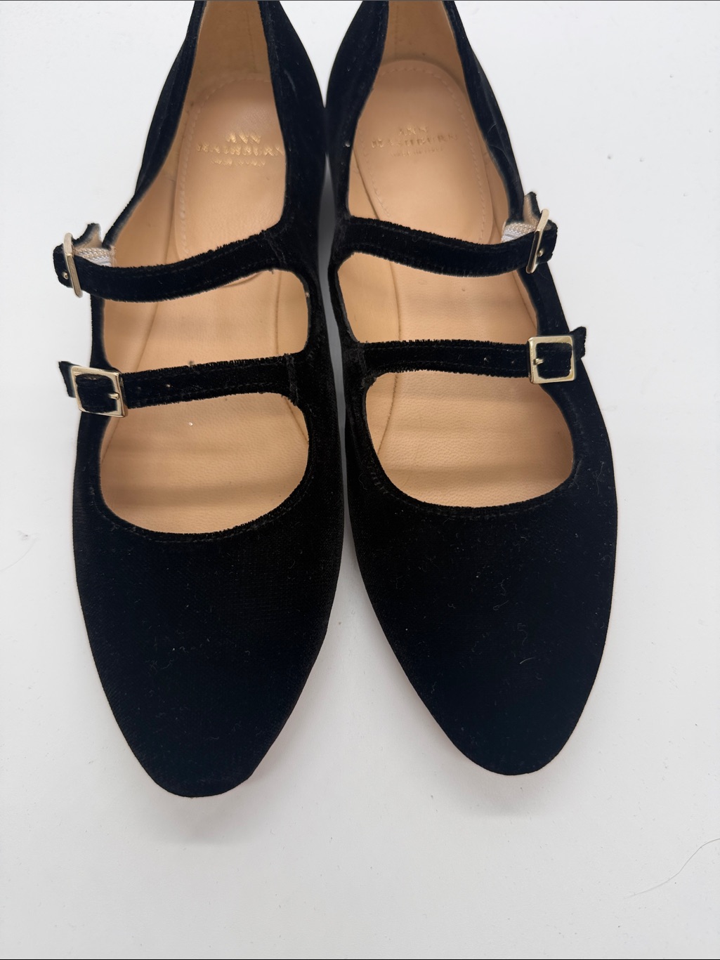 Ann Mashburn Black Double-Strap Velvet Mary Jane Flats